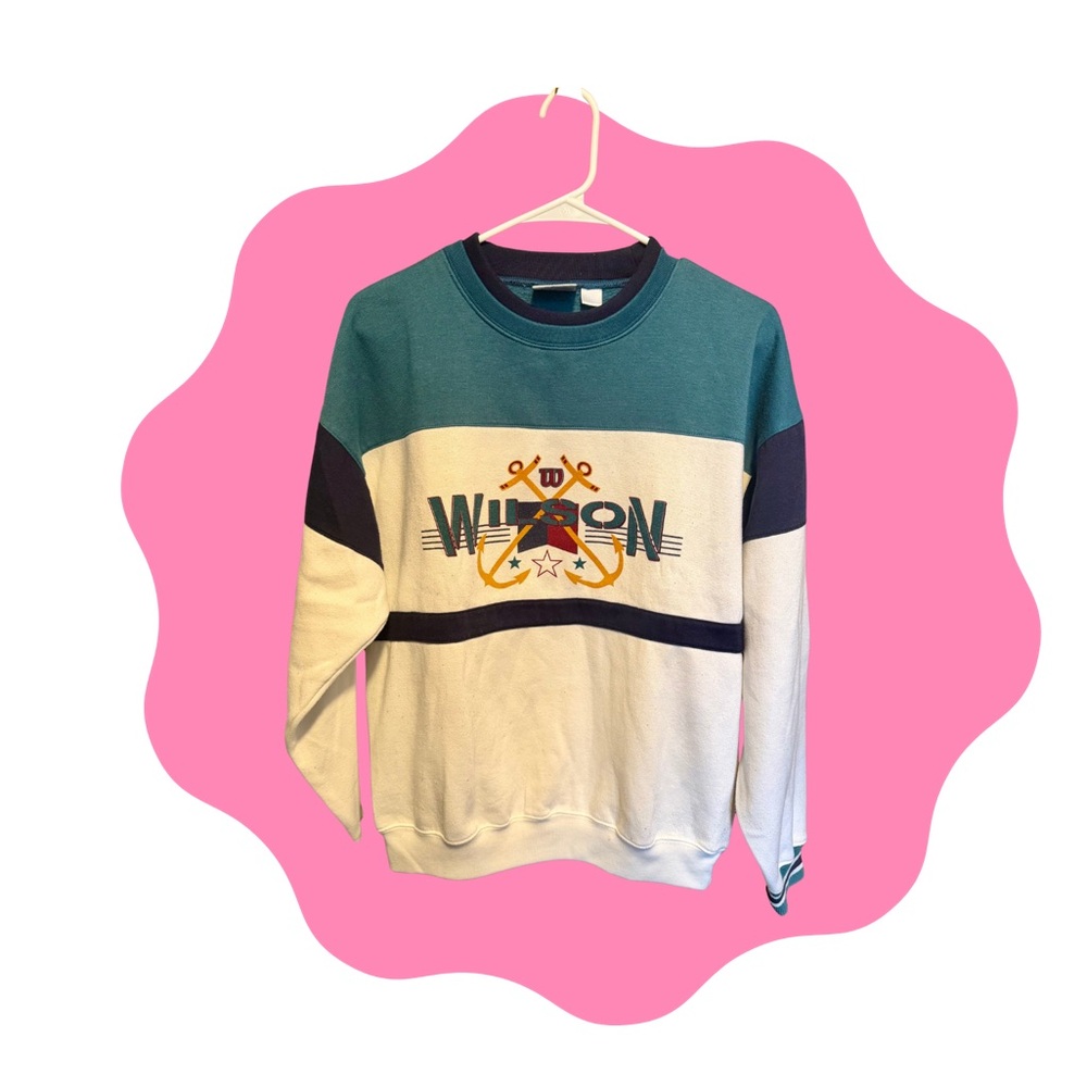 Wilson Men's Teal, Navy, and White Crewneck Sweater